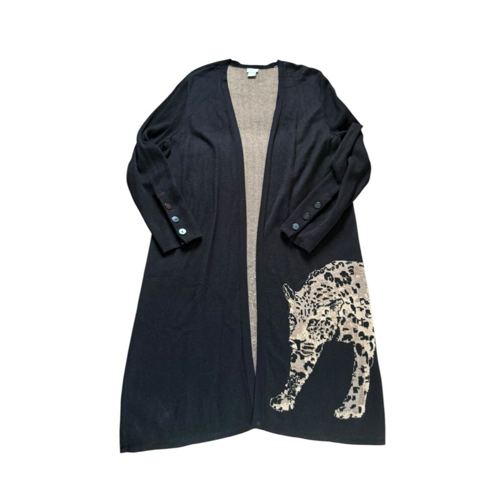 Chicos Long Black Open Front Sweater Duster Cardigan Leopard Motif Womens Large